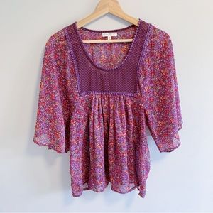 Love Fire Purple Floral Sheer Flutter Sleeve Blouse
